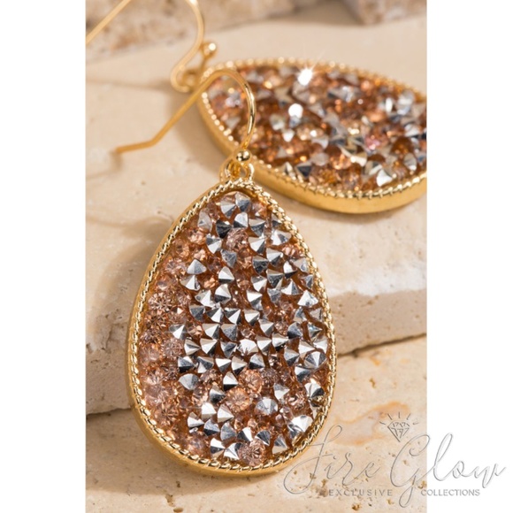 Fire Glow Jewelry - Teardrop Rose Gold Rhinestone Earrings